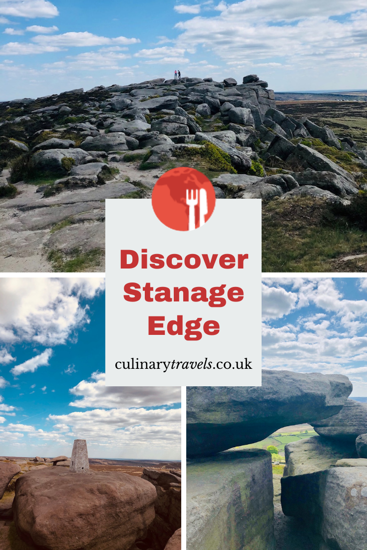 Rock formations and panoramic moorland views at Stanage Edge in the Peak District, Derbyshire, shown from multiple viewpoints including the trig point and natural stone arch.
